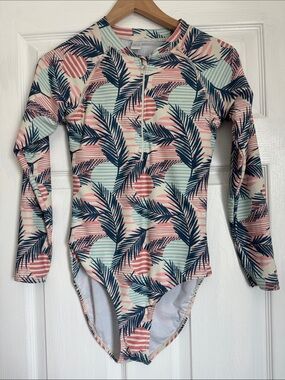 Girls Long-Sleeve One-Piece Swimsuit - Palm Stripe Print (Blue/Pink)